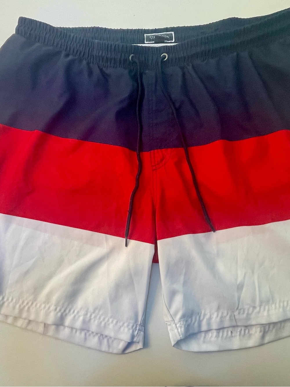 Club Room Men’s Colorblock Swim Trunks in Navy, Red & White